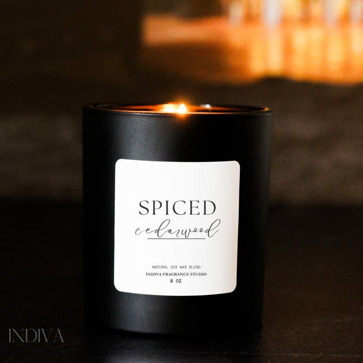 Spiced Cedarwood 8 oz Matte Black glass Jar candle for wholesale by Indiva Fragrance Studio
