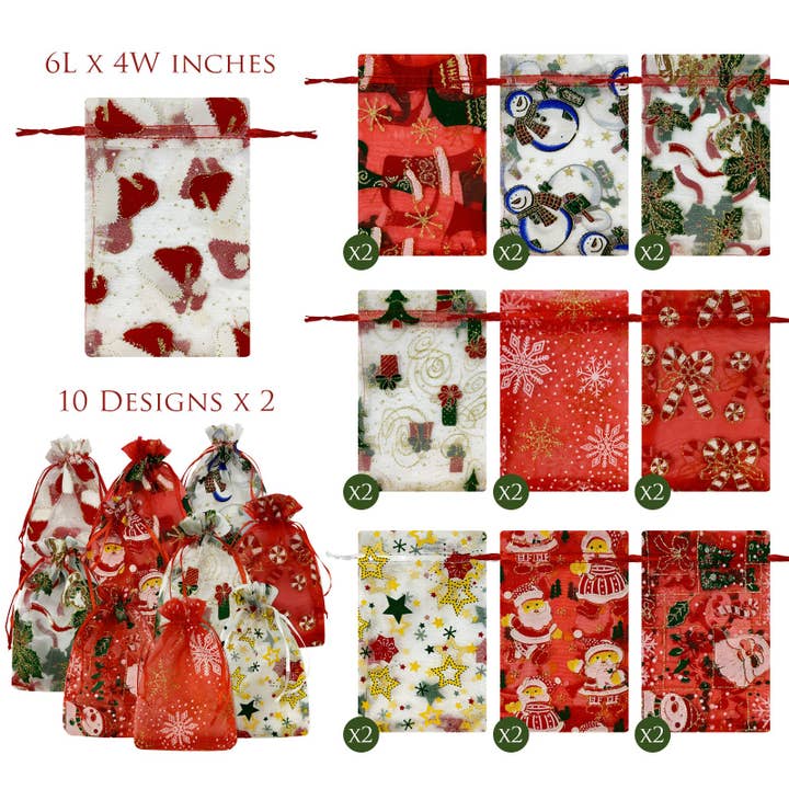 Wrapables.com - Wholesale Gift Bag Set/Pack - Wrapables 4 x 6 Xmas Organza Drawstring Gift Bags, Set of 201