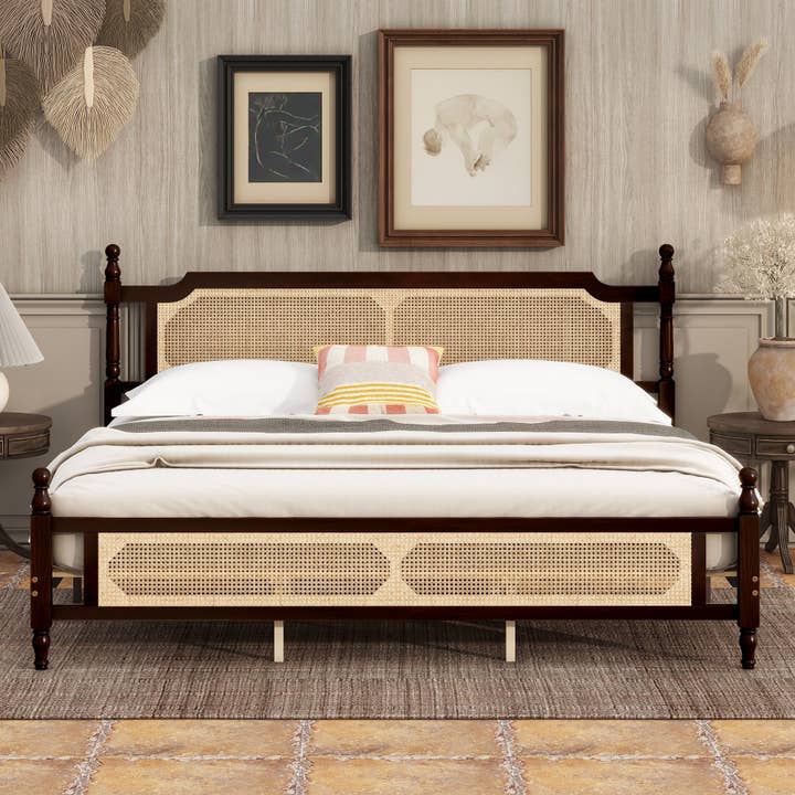 39F Inc. - Wholesale Bed - King Pine Wooden Bed with Rattan Headboard and Footboard
