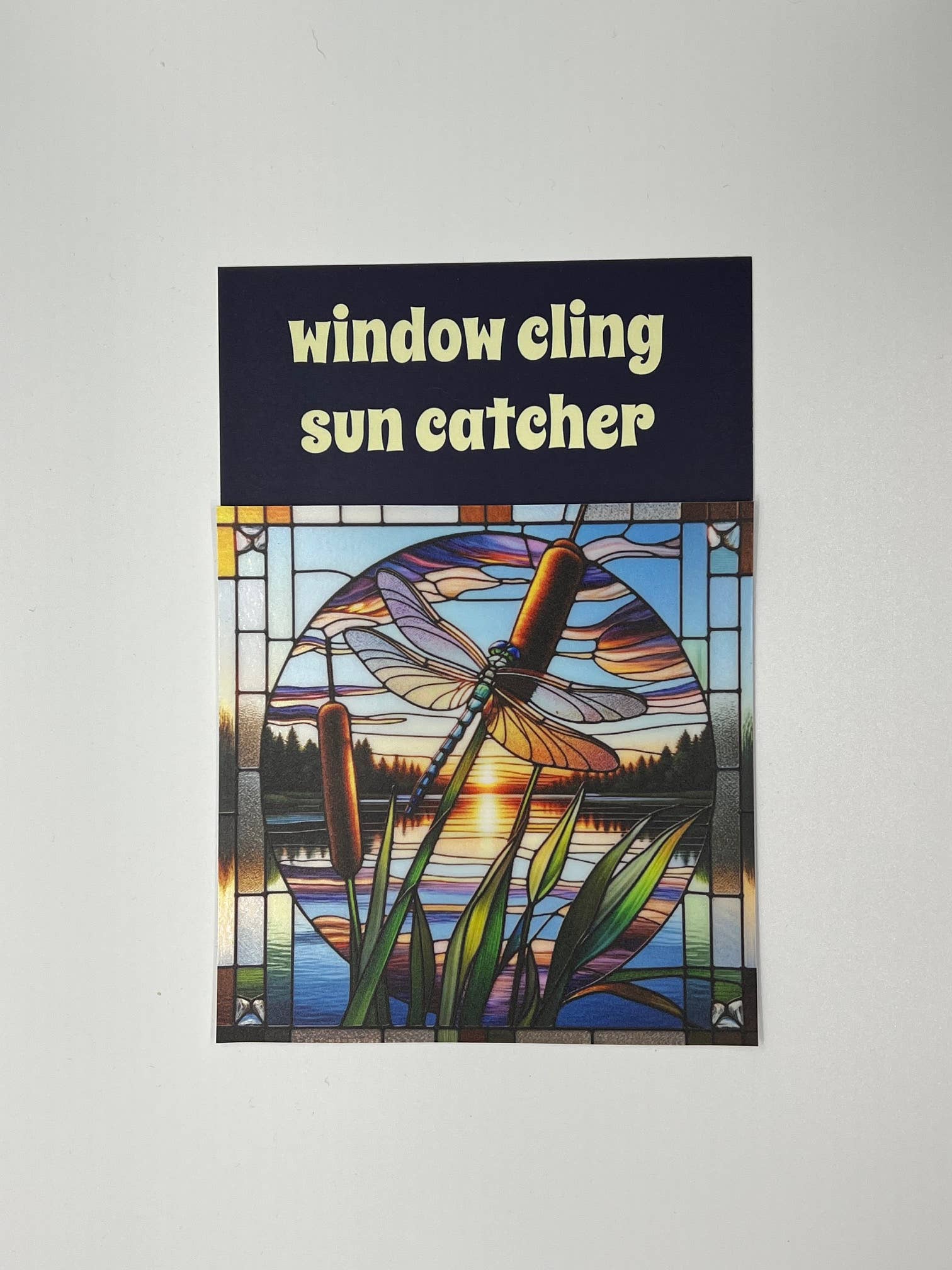 Cosmic Artware - Wholesale Suncatcher - Stained Glass Vinyl Window Cling, Dragonfly on Cattail3