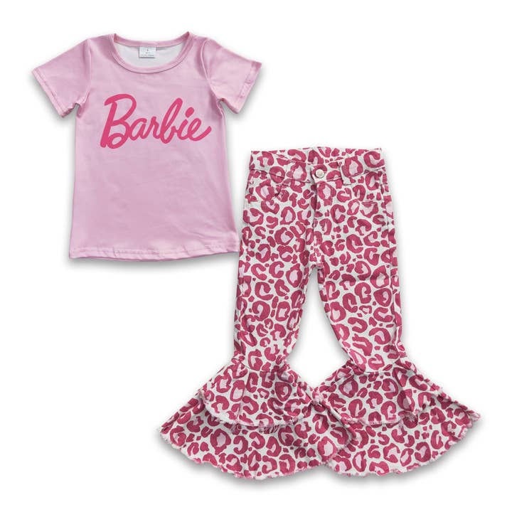 Chemise à manches courtes, léopard rose, jeans, vêtements de fête pour filles pour la vente par Yawoo Garments