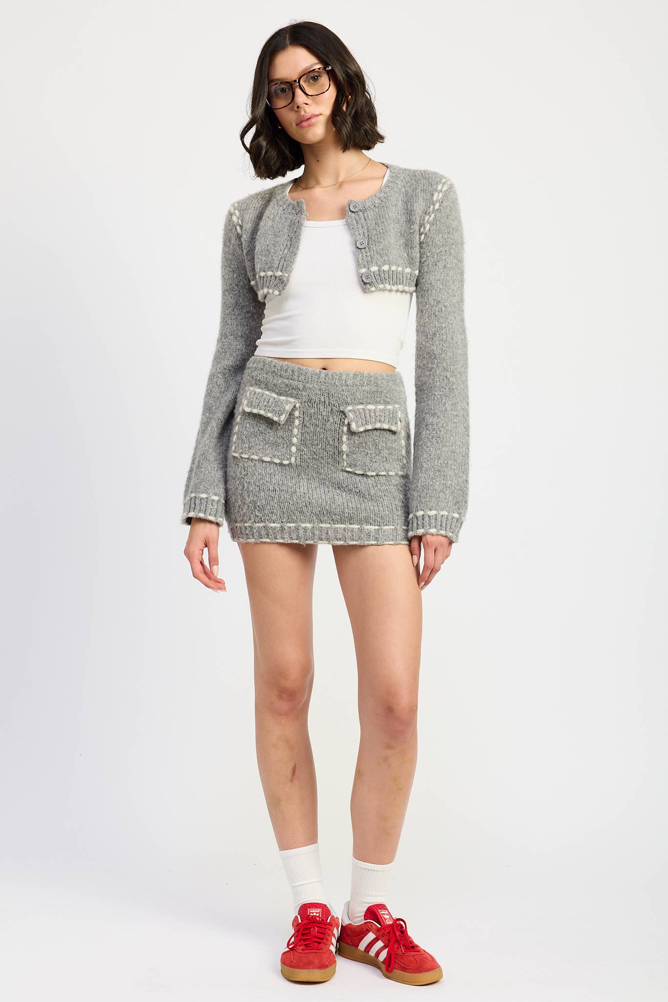 H GREY KNIT MINI SKIRT WITH CONTRASTED STITCHING for wholesale on Faire0
