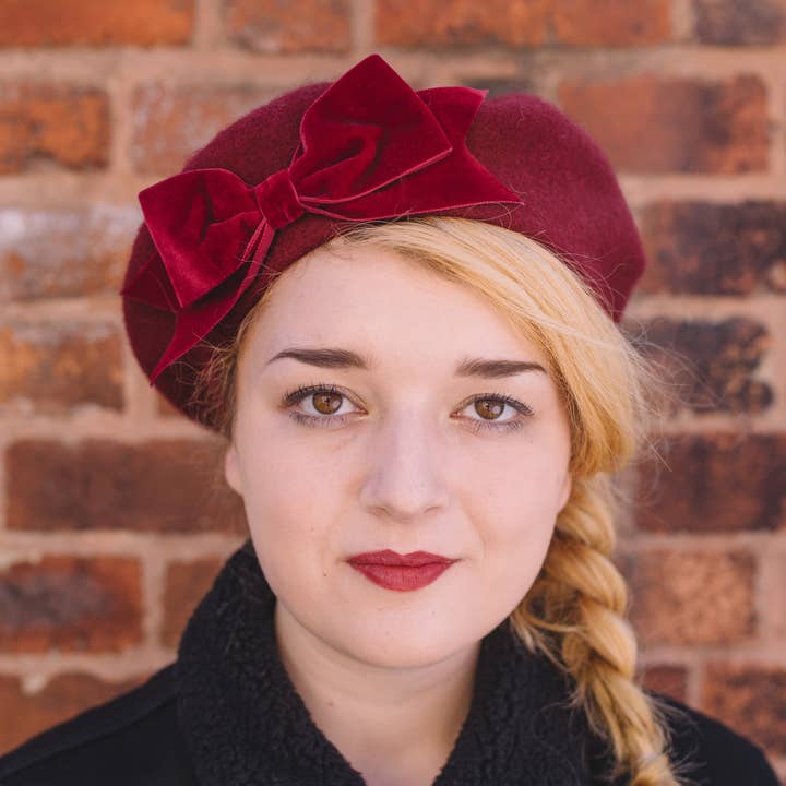 Wine Red Beret with Wine Velvet Ribbon Bow for wholesale by Imogen's Imagination