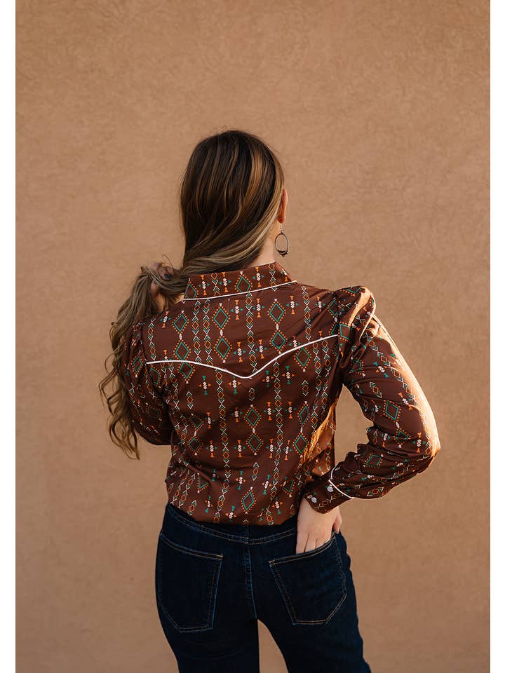 Crazy Consuela - Wholesale Blouse - Women's - 2708 BROWN AZTEC WESTERN SATIN PUFF SLEEVE PEARL SNAPÂ