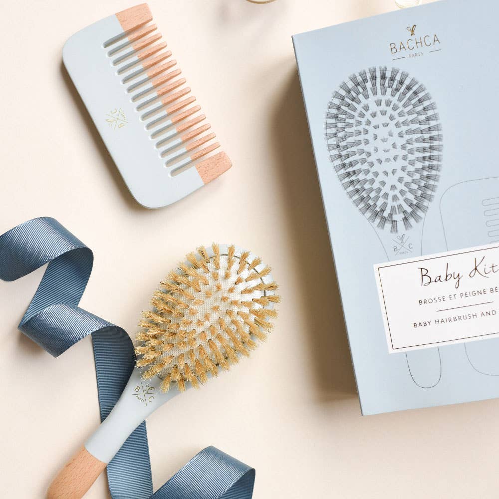 Bachca - Wholesale Hair Brush/Comb - Kids & Baby - Blue baby gift set -100% wild boar brush & wooden comb1