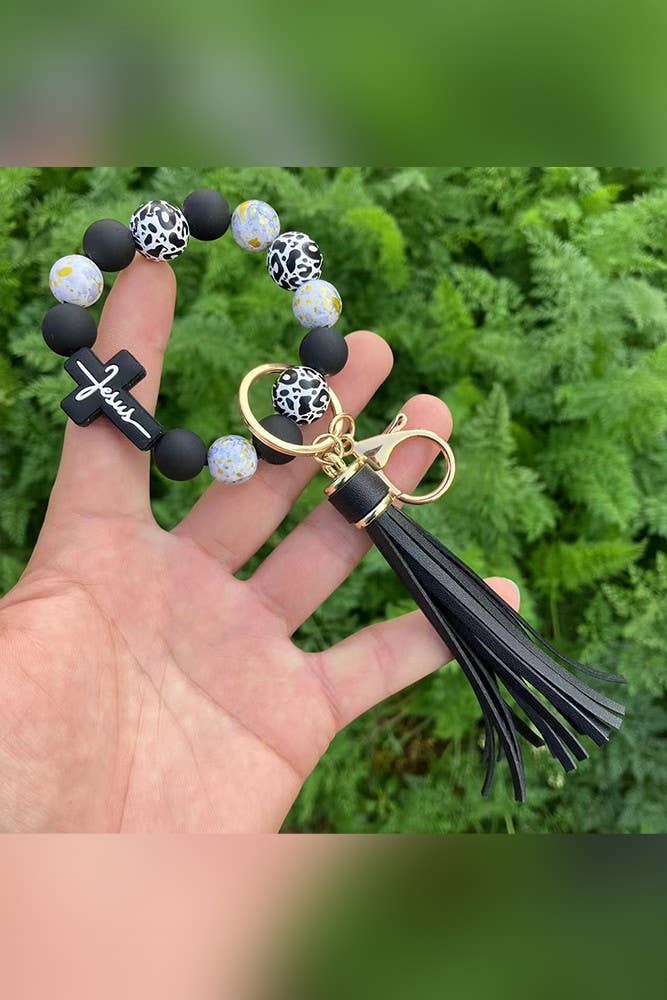 UNISHE - Venta al por mayor Llavero - Mujer - Llavero con borlas cruzadas y cuentas de leopardo ZK12593