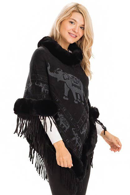 Cap Zone - Wholesale Poncho - Women's - Lucky Elephant Printed Fur Neckline Soft Cozy Poncho10