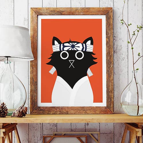 Daniel Cat Wall Art Print, Retro Karate Kid Print for wholesale by Baldy And The Fidget
