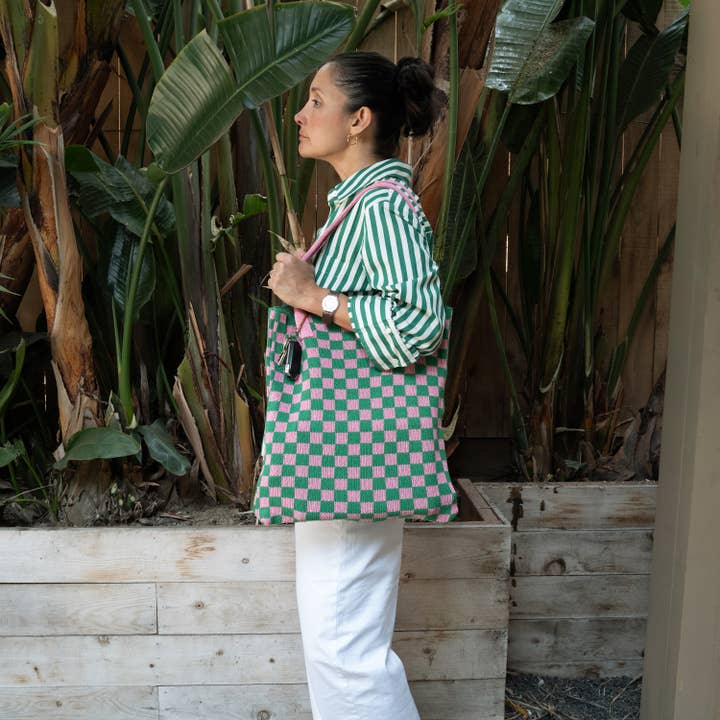 Pink and Green Checkered Tote Bag - Washable Cotton Knit with Key Ring for wholesale by CASUPO