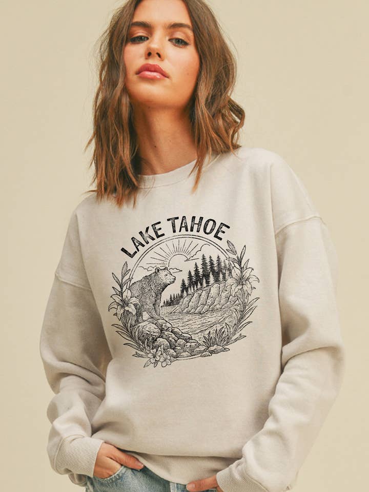 Lake Tahoe grafisk sweatshirt for engroshandel hos Honestee