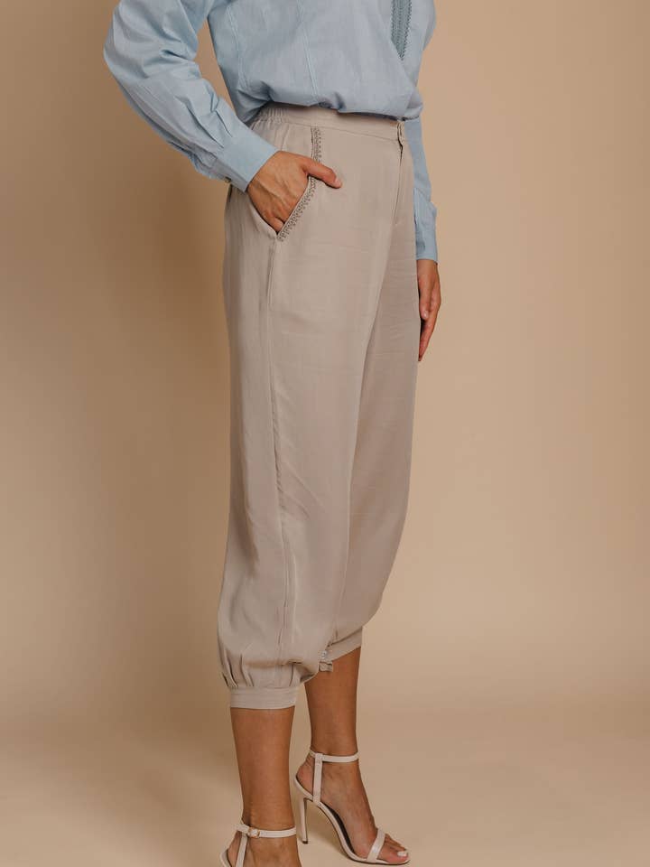 ORGANIC TENCEL BEIGE Tapered PANTS for wholesale by Bynes New York