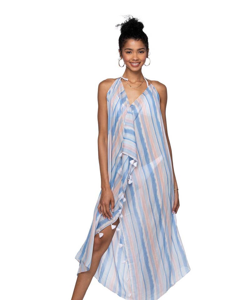 Maxi Halter Sundresse-overtræk med strandbølgetryk for engroshandel hos Subtle Luxury