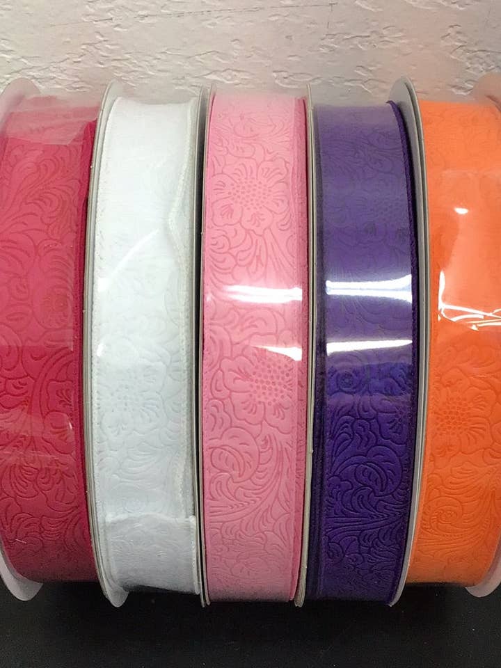 1.5”X50YD EMBOSSED FLOWER RIBBON RED (AE) for wholesale by Waterman's Loft Inc.
