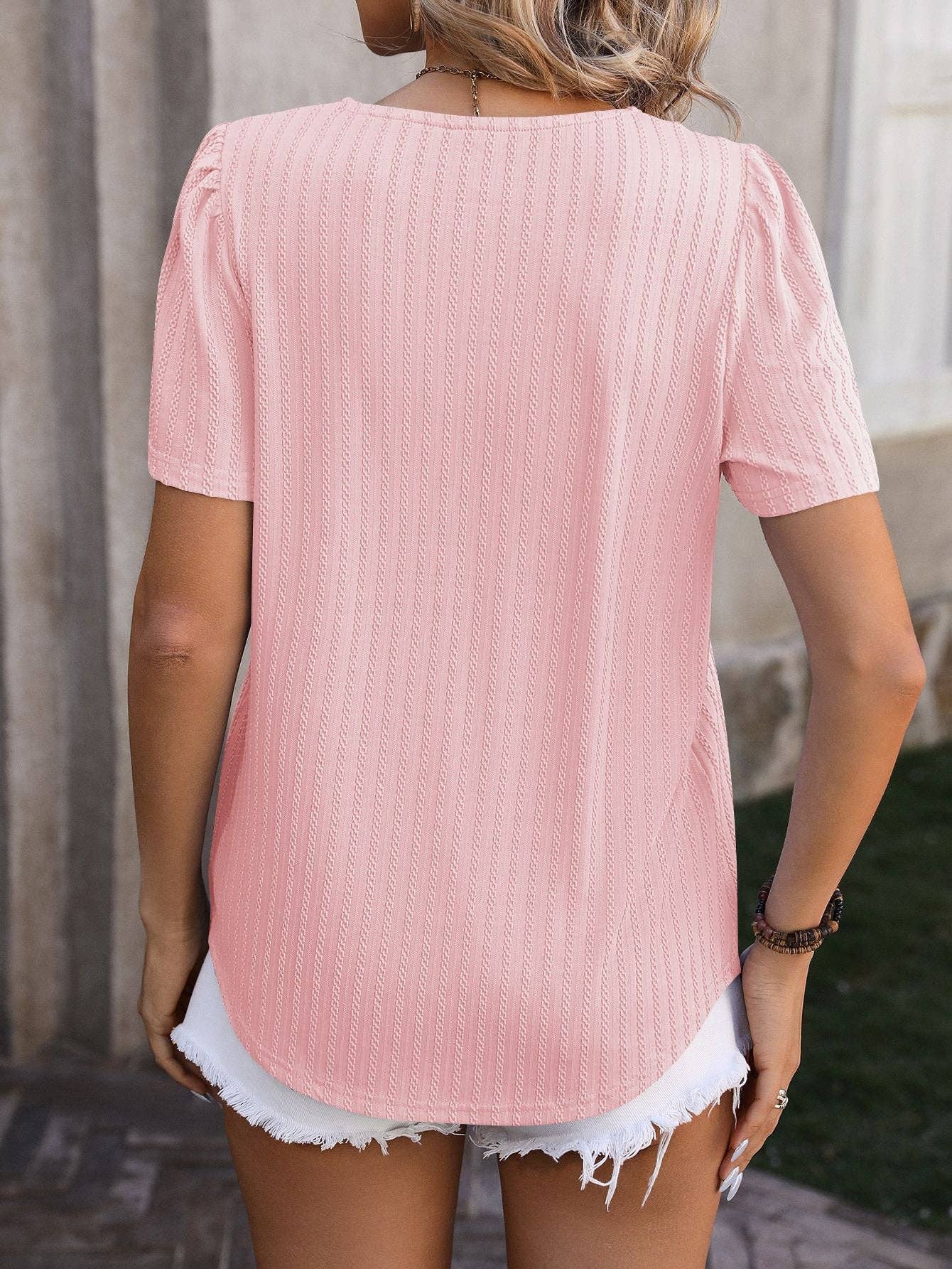 Lovesoft - Wholesale Blouse - Women's - Pleated Square Neck T Shirts Casual Petal Short Sleeve Blouses4