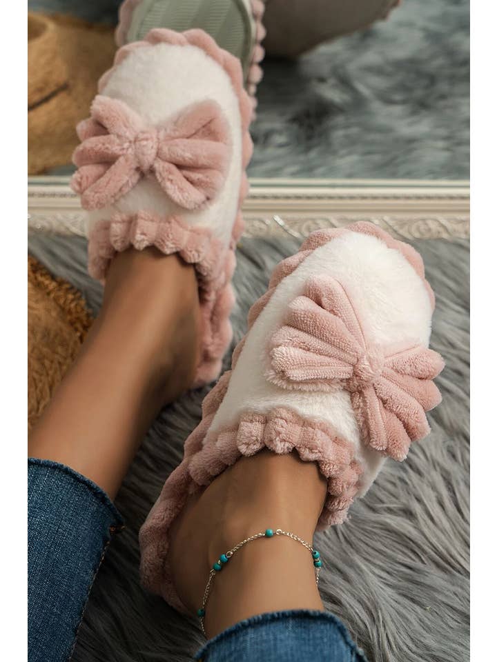Fushia LDC Bow Decor Color Block Ribbed Plush Slippers for wholesale on Faire1