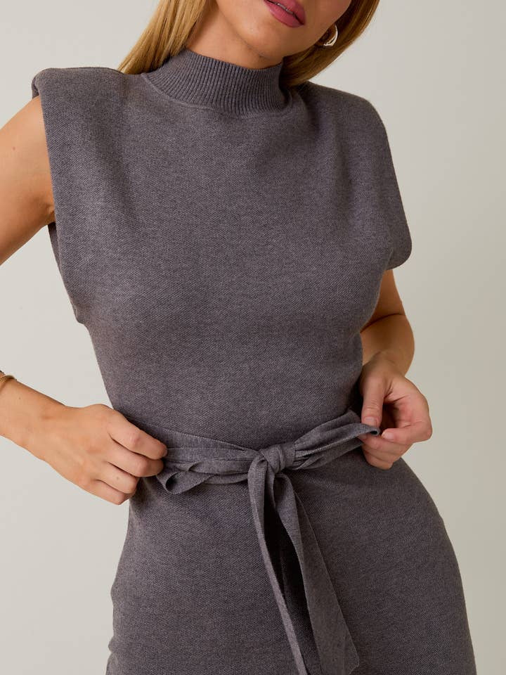 H GREY MOCK NECK WIDE POWER SHOULDER SWEATER MINI DRESS for wholesale on Faire4