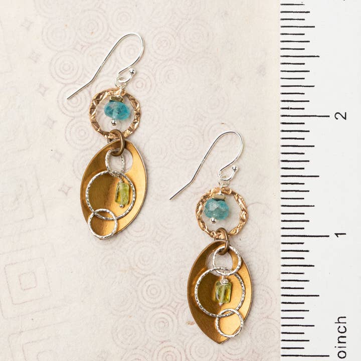 Anne Vaughan Designs Jewelry - Wholesale Dangle Earrings - Thrive Italian Hammered Bronze, Blue Apatite, Peridot And Diamond Cut Sterling Silver Chain Dangles Cluster Earrings