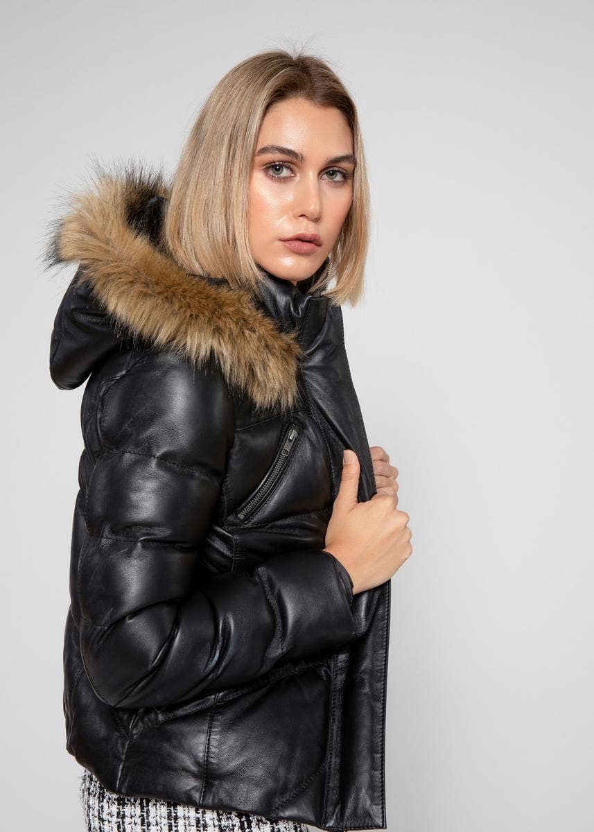 Fadcloset - Wholesale Leather Jacket - Women's - Black Women Joselyn Puffer Winter Down Leather Jacket2