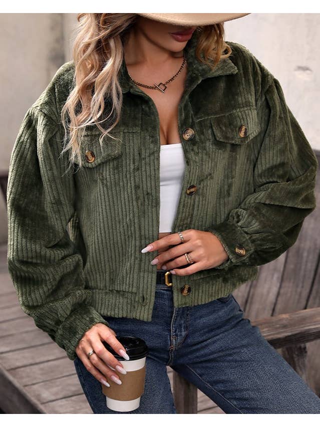 Green Lapel Buttoned Corduroy Cropped Jacket for wholesale on Faire