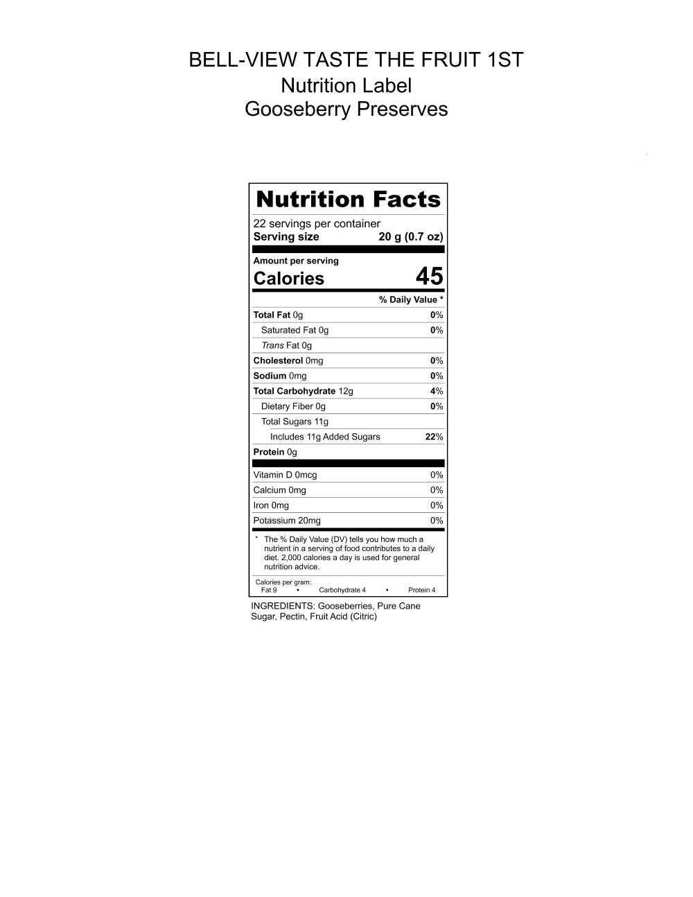 Bell-View Brand Foods - Wholesale Preserves - Taste The Fruit 1st Gooseberry Preserves 16oz.1