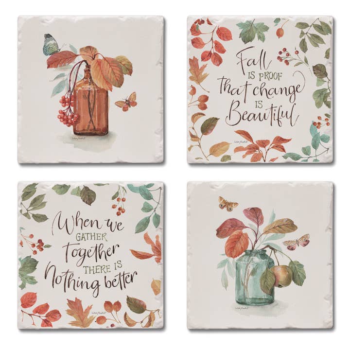 "Autumn in Nature" 4pk Assorted Tumbled Tile Coasters for wholesale by Conimar Promotions