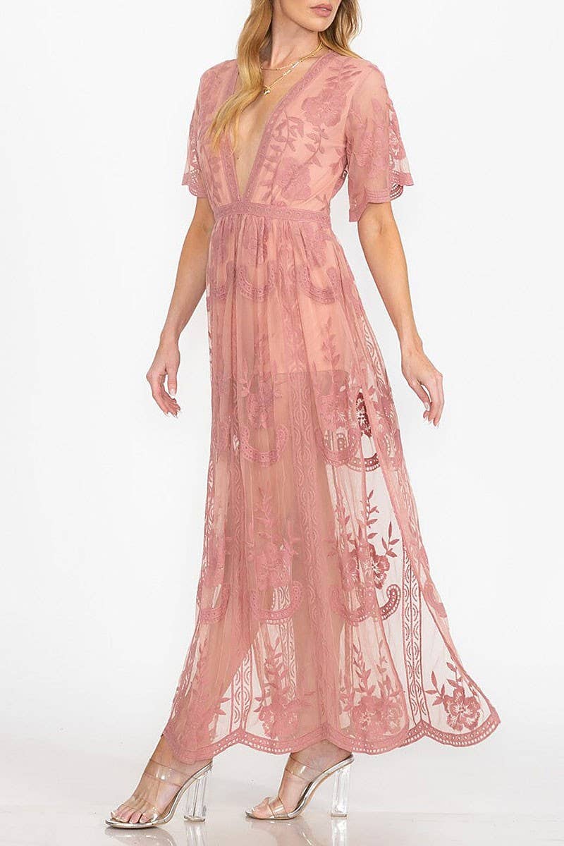 GINGER V NECK FULLY LACED MAXI DRESS WITH SLIT SIDE for wholesale on Faire