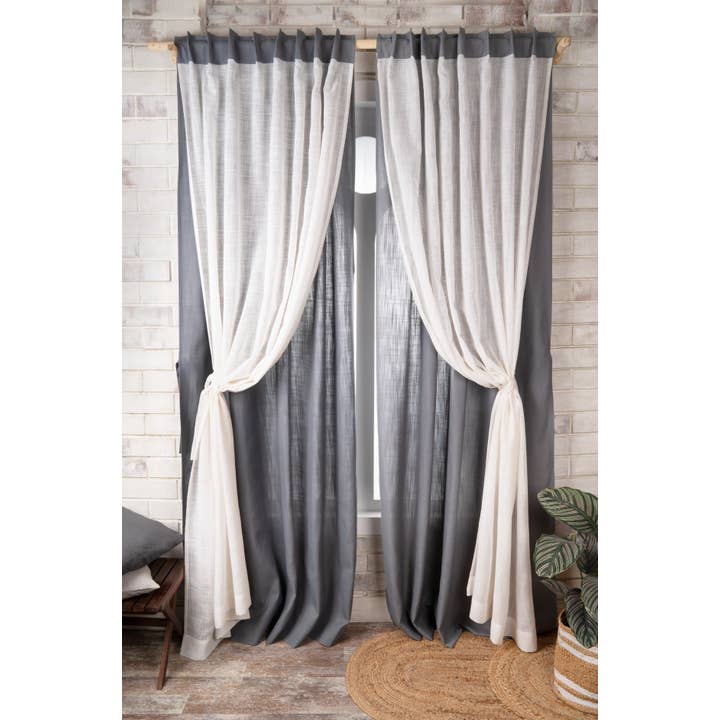 Cortina de Lino Sintético Gris Carbón con Superposición de Yute Transparente | 1 Panel para venta al por mayor de D'Moksha