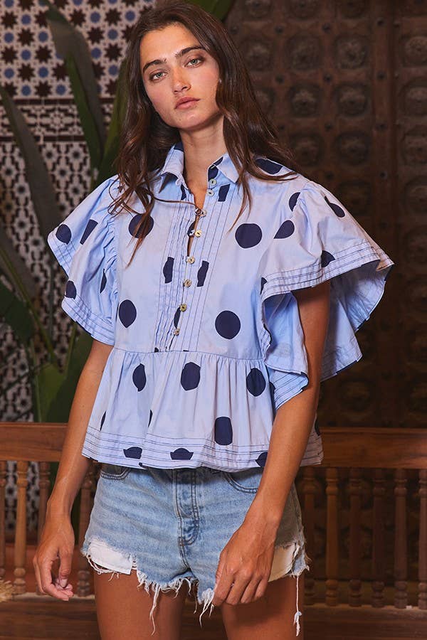 BUCKETLIST INC - Wholesale Blouse - Women's - IT2337 Ruffle Sleeves Pintuck Detail Polka Dot Print top11