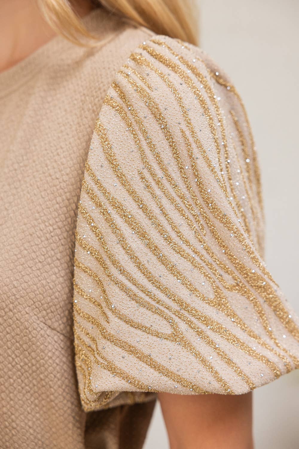 Tan 36167 Lurex Zebra Pattern Puff Sleeve Textured Knit Top for wholesale on Faire9