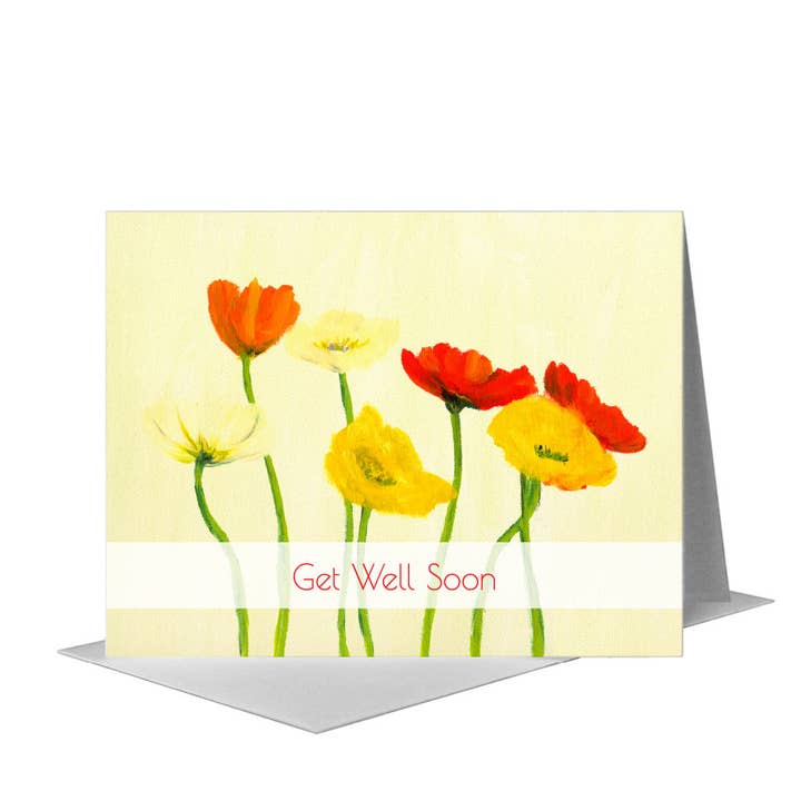Multi-Colored Poppies on White, Greeting Card (#7148B) for wholesale by Printed Canvas