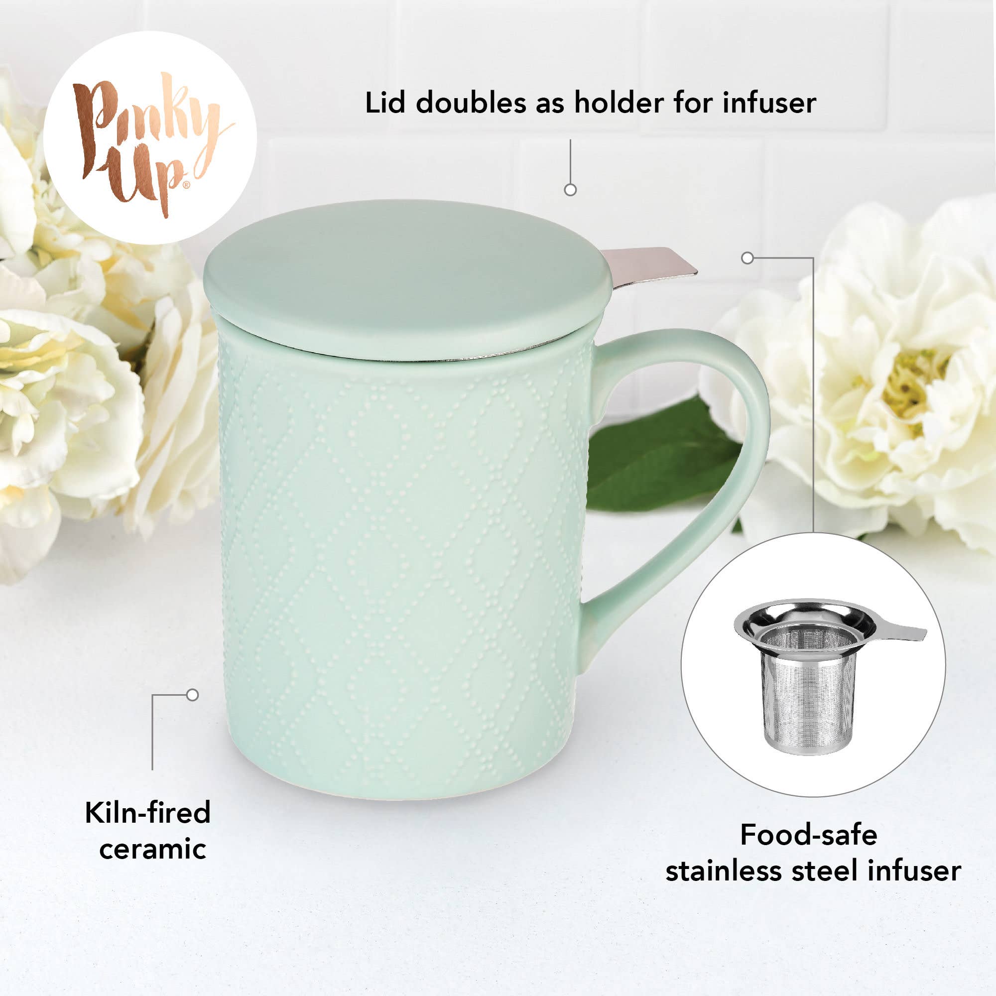 Pinky Up - Wholesale Tea Strainer/Infuser - Annette™ 3D Ceramic Mug with Tea Infuser in Souk Mint4