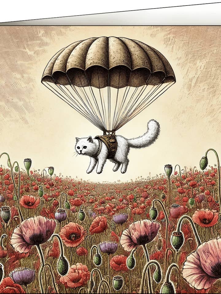 Cartão de felicitações, gato em paraquedas sobre papoilas por atacado de Thistle and Tale Press