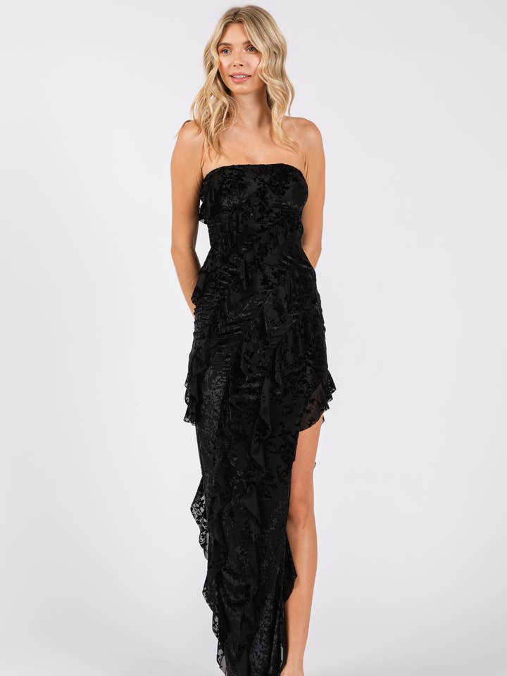 Black VID51523 - VELVET FLORAL PRINT MESH RUFFLED LONG DRESS for wholesale on Faire0