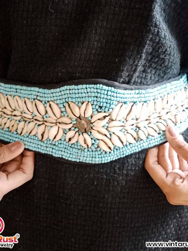 Turquoise Beaded Belly Dance Belt, Tribal Shell Belt for wholesale by vintarust