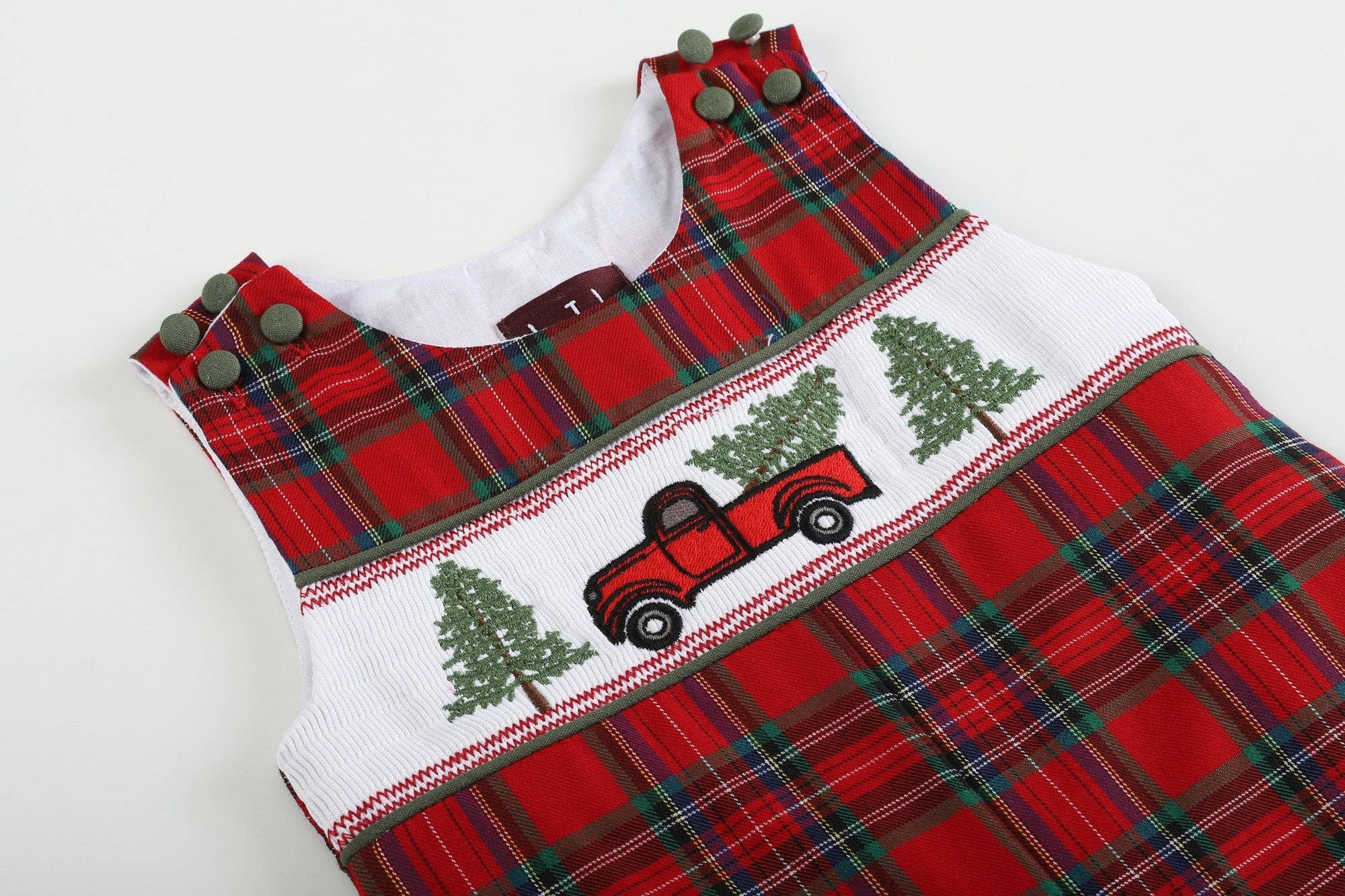 Lil Cactus - Wholesale Overalls - Kids - Red Plaid Truck & Tree Smocked Overalls2
