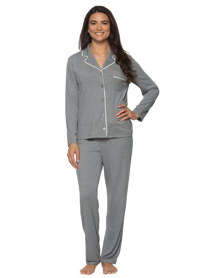 Jessie Stretch Jersey Long Sleeve & Pants PJ Set - Heather S for wholesale by Felina