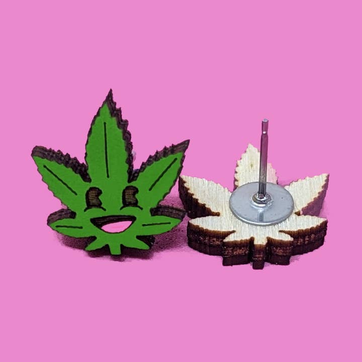 Happy Pot Leaf Stud Handmade Earring | Fun Gift | Gift Shop for wholesale by Unpossible Cuts