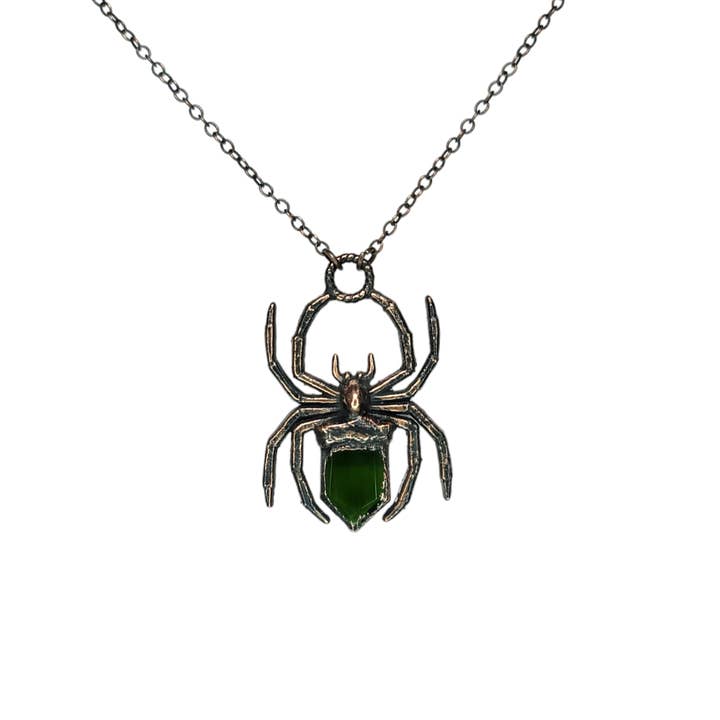 Copper Spider Pendant with Green Chrome Tourmaline for wholesale by The Wacky Wanderers