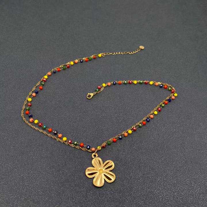 Mio Queena - Wholesale Pendant/Charm Necklace - 18K Golden Flower Beaded Chain Double Layer Necklace - FGS