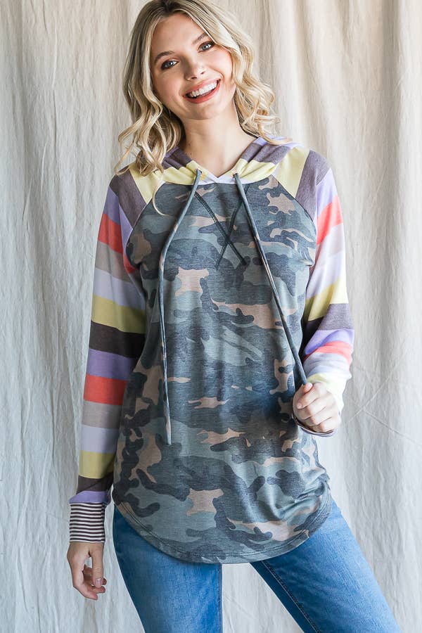 7th Ray - Wholesale Hoodie - Women's - Camo Print Stripe Raglan Sleeve Drawstring Hoodie T454917