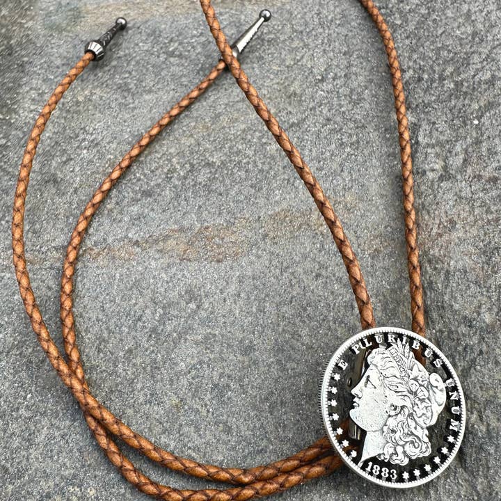 Mountainstruck Coin Rings and Jewelry - Wholesale Necktie - Men's - U.S. Morgan Dollar Hand Cut Silver Coin Bolo Tie (front)2