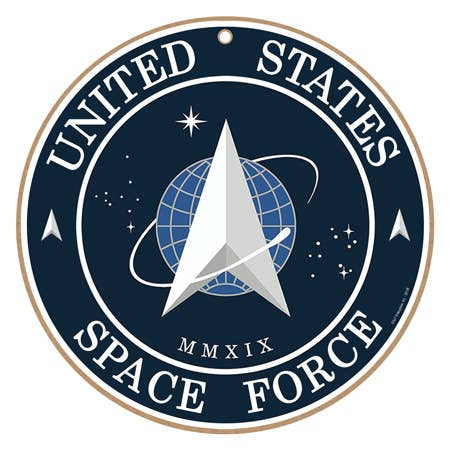 Military US Space Force Logo on 10" round wood plaque, sign for wholesale by SJT Enterprises, Inc.