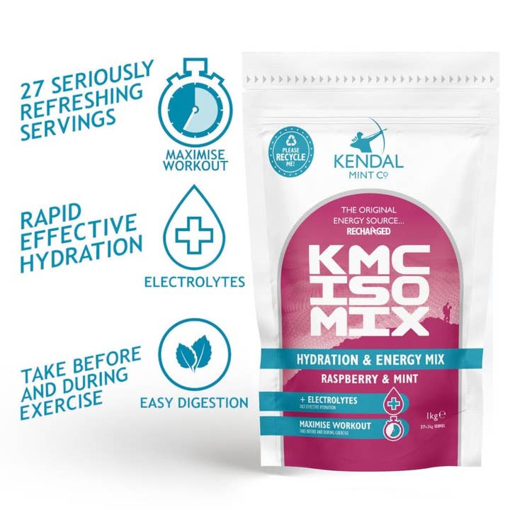Kendal Mint Co® – wholesale Powdered health drink – KMC ISO MIX Isotonic Hydration | Raspberry & Mint | Recyclable Pouch 1kg - 27 Serves1