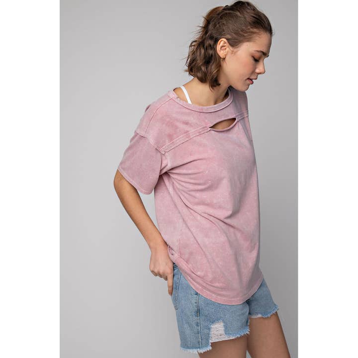 Rae Mode - Wholesale Shirt - Women's - MINERAL WASH SHORT SLEEVE TOP WITH CHEST KEYHOLE