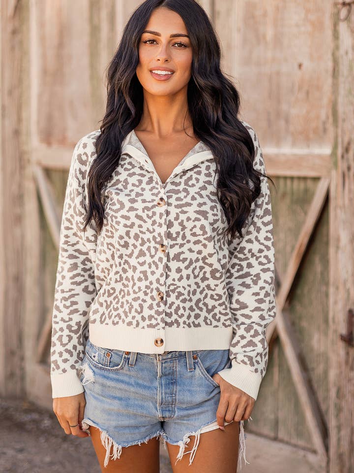 Fashion Leopard Drop Shoulder Chunky Knit Cardigan Sweater for wholesale by fashionworks