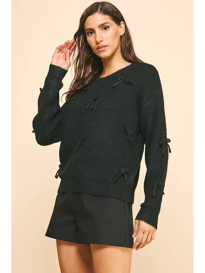 PINCH - Wholesale Knit Sweater - Women's - RIBBON EMBELLISHMENT SWEATER TOP - BLACK