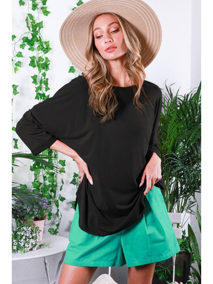 Vine & Love - Vente Haut en maille – femme - Haut en tricot cupro 3/4 à col rond et manches retroussées VT81810