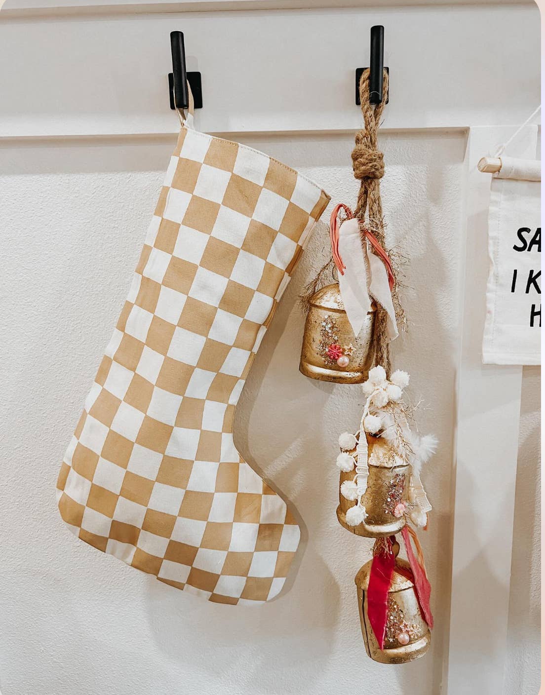 Imani + Kids by Imani Collective - Wholesale Holiday Stocking - Natural Canvas Christmas Stocking, Checkered Taupe Print1