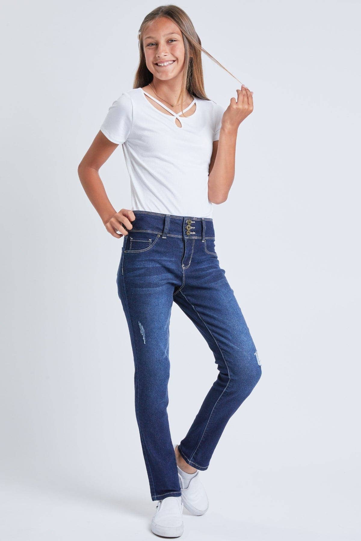 YMI – calças de ganga - Crianças por atacado – Jeans Skinny Essenciais de 3 Botões para Meninas com Bolsos Frontais-GP1772420