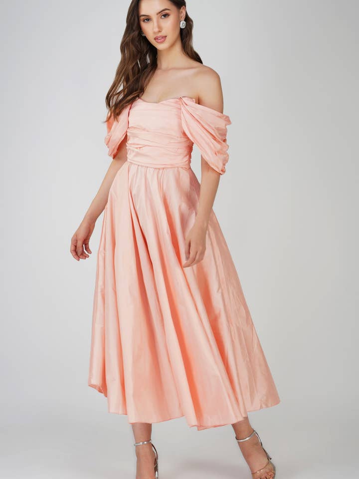 Anya Sugar Pink Taffeta Midi Dress for wholesale by Lace & Beads